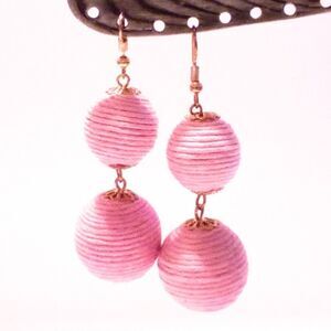 Pink Wrapped Fiber Bead Drop Earrings